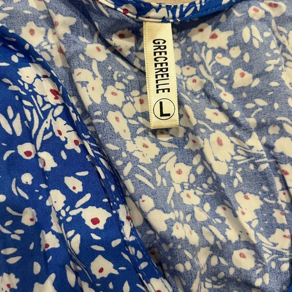 Grecerelle Floral Blue Wrap Dress Size Large - Picture 8 of 13